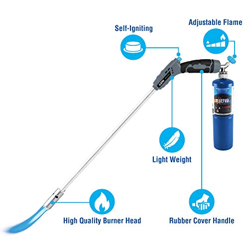 BLUEFIRE 32" Long Propane Weed Torch Burner,Blow Torch,Trigger Start Self Ignition on Handle,Single Hand Operation, Lightweight Portable Weeds Burn Garden Tool Snow Ice Roof Road Charcoal Fire Starter