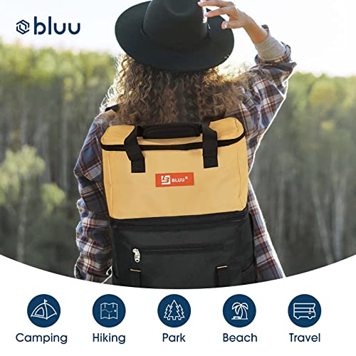 BLUU 2-in-1 Patented Backpack Cooler & Insulated Backpack, Double Decker Large Lunch Bag for Men Women, 60 Cans Waterproof & Leakproof Soft Coolers for Camping, Beach, Picnic (Brown)