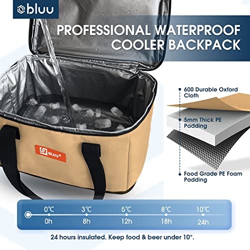 BLUU 2-in-1 Patented Backpack Cooler & Insulated Backpack, Double Decker Large Lunch Bag for Men Women, 60 Cans Waterproof & Leakproof Soft Coolers for Camping, Beach, Picnic (Brown)
