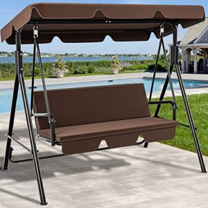 yitahome 3-seat porch swing outdoor heavy duty patio swing chair with stand adjustable canopy soft cushion for garden, patio, lawn, balcony and deck, brown