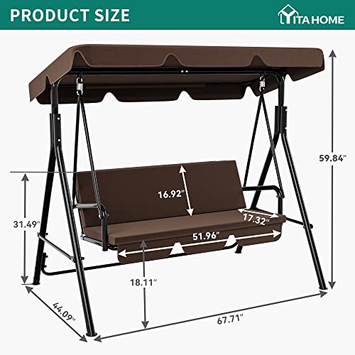 YITAHOME 3-Seat Porch Swing Outdoor Heavy Duty Patio Swing Chair with Stand Adjustable Canopy Soft Cushion for Garden, Patio, Lawn, Balcony and Deck, Brown