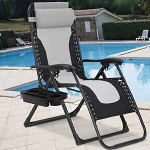 zero gravity chair patio chair lounge chair chaise oversized, 420 lbs weight capacity outdoor folding adjustable recliner chair with cup holder tray and pillows for pool, beach, lawn, deck, yard