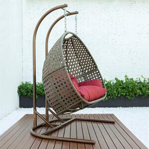 LeisureMod Outdoor Patio Beige Wicker Hanging 2 Person Double Egg Swing Chair (Dark Red)