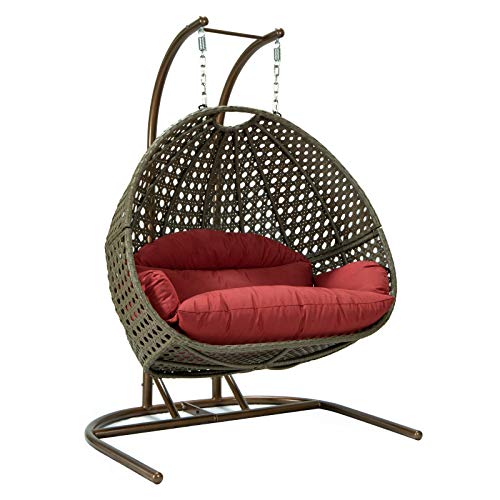 LeisureMod Outdoor Patio Beige Wicker Hanging 2 Person Double Egg Swing Chair (Dark Red)