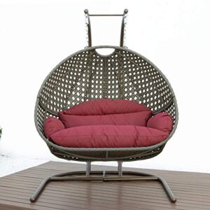 LeisureMod Outdoor Patio Beige Wicker Hanging 2 Person Double Egg Swing Chair (Dark Red)