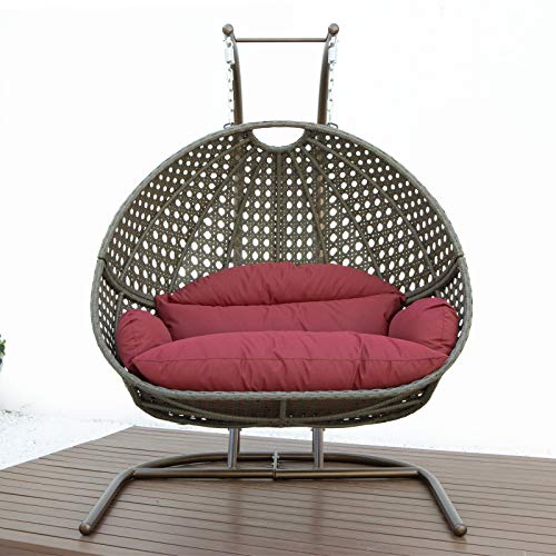 LeisureMod Outdoor Patio Beige Wicker Hanging 2 Person Double Egg Swing Chair (Dark Red)