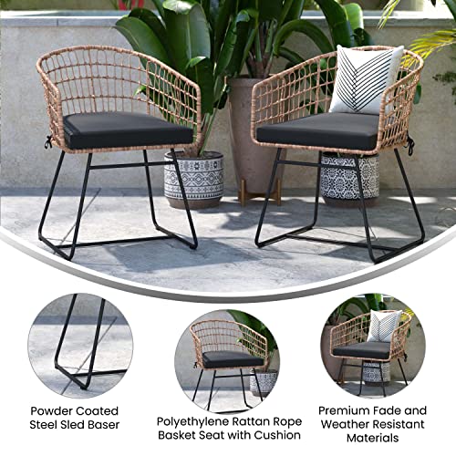 Flash Furniture Devon Set of 2 Indoor/Outdoor Patio Boho Club Chairs, Rope with PE Wicker Rattan, Cushions and Sled Base, Natural/Black