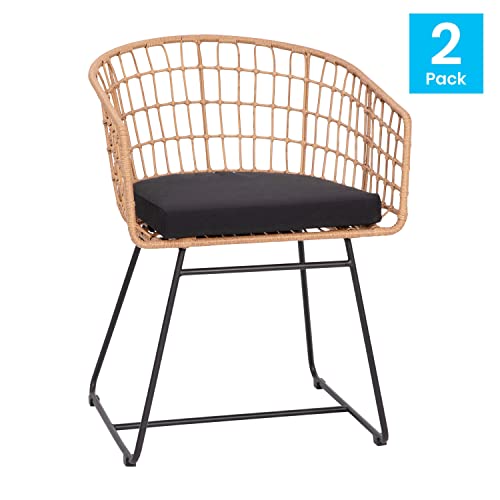 Flash Furniture Devon Set of 2 Indoor/Outdoor Patio Boho Club Chairs, Rope with PE Wicker Rattan, Cushions and Sled Base, Natural/Black