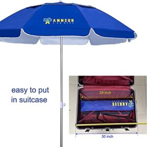 AMMSUN 6.5ft twice folded Portable beach umbrella with sand anchor windproof,Push Button Tilt and Air vent UV 50+ Protection Fits in a large Suitcase for Patio Garden Beach Pool Backyard Blue