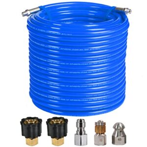yamatic sewer jetter hose for pressure washer 150 ft drain cleaner hose 1/4 inch npt button nose & rotating sewer jetting nozzle orifice 4.5, 4000 psi
