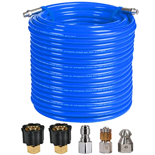 YAMATIC Sewer Jetter Hose for Pressure Washer 150 FT Drain Cleaner Hose 1/4 Inch NPT Button Nose & Rotating Sewer Jetting Nozzle Orifice 4.5, 4000 PSI