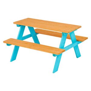 teamson kids picnic table, kids outdoor table with built-in benches, natural/aqua