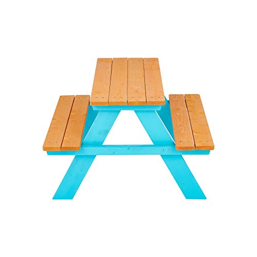 Teamson Kids Picnic Table, Kids Outdoor Table with Built-in Benches, Natural/Aqua