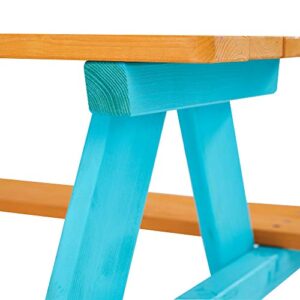 Teamson Kids Picnic Table, Kids Outdoor Table with Built-in Benches, Natural/Aqua