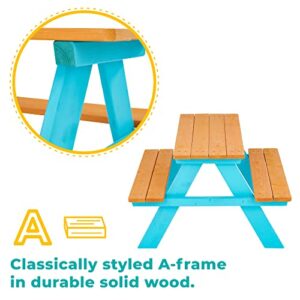 Teamson Kids Picnic Table, Kids Outdoor Table with Built-in Benches, Natural/Aqua