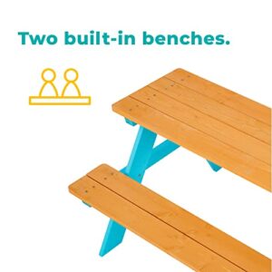 Teamson Kids Picnic Table, Kids Outdoor Table with Built-in Benches, Natural/Aqua