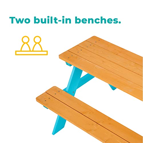 Teamson Kids Picnic Table, Kids Outdoor Table with Built-in Benches, Natural/Aqua