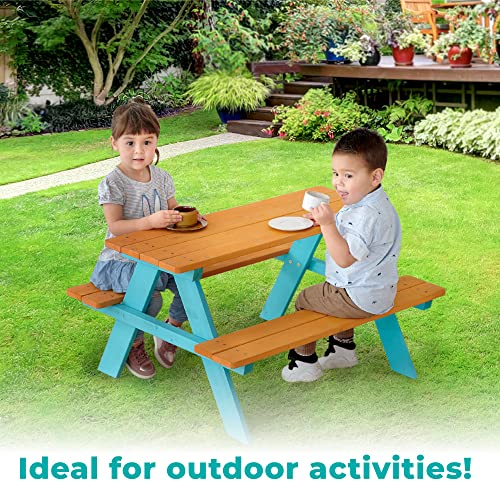 Teamson Kids Picnic Table, Kids Outdoor Table with Built-in Benches, Natural/Aqua