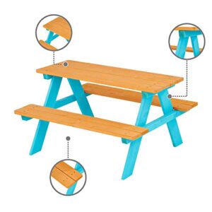 Teamson Kids Picnic Table, Kids Outdoor Table with Built-in Benches, Natural/Aqua