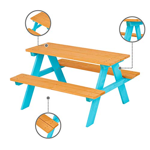 Teamson Kids Picnic Table, Kids Outdoor Table with Built-in Benches, Natural/Aqua