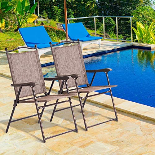 Byroce Patio Foldable Chair Set, 2 PCs Portable and Stable Chair with Armrest, Lightweight Outdoor Fabric Chair Set, Lounge Chairs with Metal Frame, Sling Back Chairs for Indoor Outdoor (Brown)