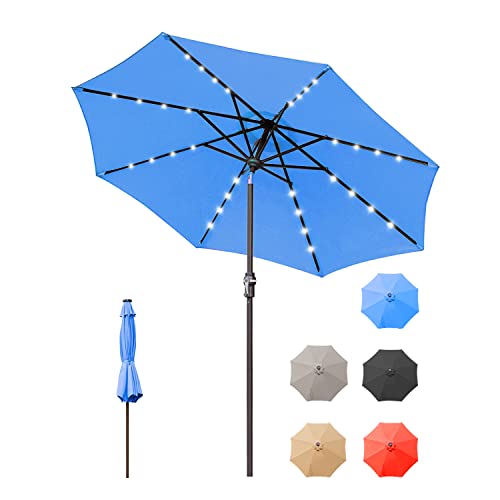 Zersun 9 FT Outdoor Patio Umbrellas with 32 Solar Lights 8 Ribs/Tilt Adjustment and Crank Lift System - LED Table Umbrella Outdoor Patio for Garden, Deck, Backyard, Pool and Beach - Navy Blue