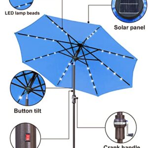 Zersun 9 FT Outdoor Patio Umbrellas with 32 Solar Lights 8 Ribs/Tilt Adjustment and Crank Lift System - LED Table Umbrella Outdoor Patio for Garden, Deck, Backyard, Pool and Beach - Navy Blue