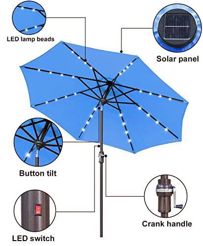 Zersun 9 FT Outdoor Patio Umbrellas with 32 Solar Lights 8 Ribs/Tilt Adjustment and Crank Lift System - LED Table Umbrella Outdoor Patio for Garden, Deck, Backyard, Pool and Beach - Navy Blue