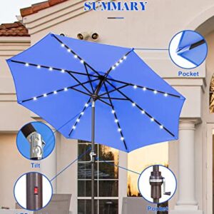 Zersun 9 FT Outdoor Patio Umbrellas with 32 Solar Lights 8 Ribs/Tilt Adjustment and Crank Lift System - LED Table Umbrella Outdoor Patio for Garden, Deck, Backyard, Pool and Beach - Navy Blue