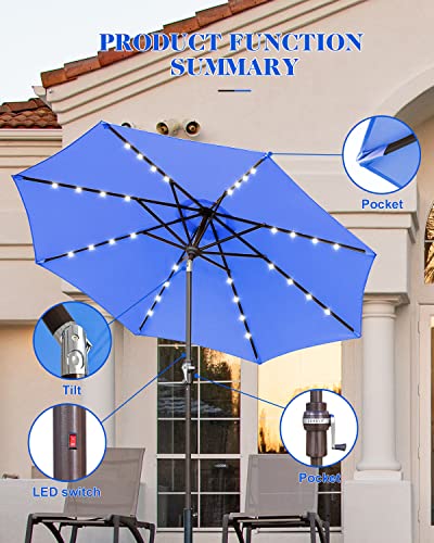 Zersun 9 FT Outdoor Patio Umbrellas with 32 Solar Lights 8 Ribs/Tilt Adjustment and Crank Lift System - LED Table Umbrella Outdoor Patio for Garden, Deck, Backyard, Pool and Beach - Navy Blue