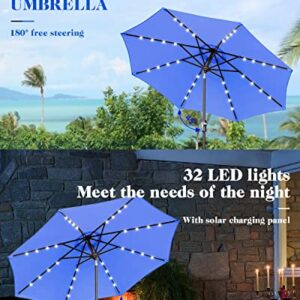 Zersun 9 FT Outdoor Patio Umbrellas with 32 Solar Lights 8 Ribs/Tilt Adjustment and Crank Lift System - LED Table Umbrella Outdoor Patio for Garden, Deck, Backyard, Pool and Beach - Navy Blue