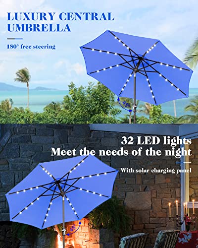 Zersun 9 FT Outdoor Patio Umbrellas with 32 Solar Lights 8 Ribs/Tilt Adjustment and Crank Lift System - LED Table Umbrella Outdoor Patio for Garden, Deck, Backyard, Pool and Beach - Navy Blue