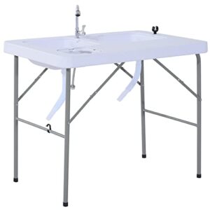 outsunny portable folding camping sink table with faucet and dual water basins, outdoor fish table sink, 40”