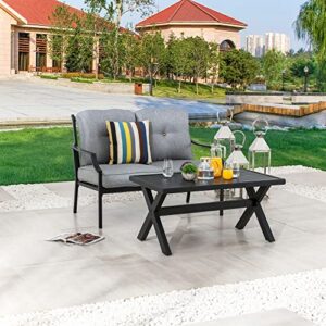 LOKATSE HOME 2 Pieces Outdoor Patio Conversation Furniture Metal Bench Sofa Set Loveseat with Cushion and Coffee Table, Grey