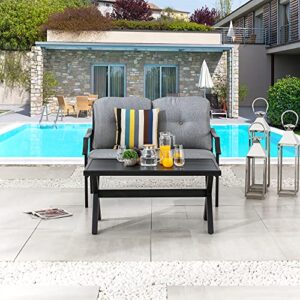 LOKATSE HOME 2 Pieces Outdoor Patio Conversation Furniture Metal Bench Sofa Set Loveseat with Cushion and Coffee Table, Grey