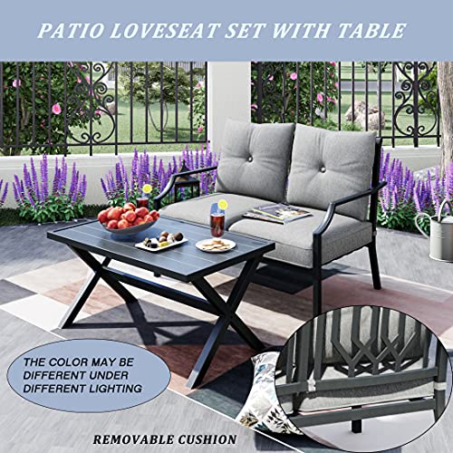 LOKATSE HOME 2 Pieces Outdoor Patio Conversation Furniture Metal Bench Sofa Set Loveseat with Cushion and Coffee Table, Grey