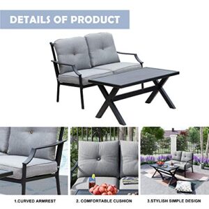 LOKATSE HOME 2 Pieces Outdoor Patio Conversation Furniture Metal Bench Sofa Set Loveseat with Cushion and Coffee Table, Grey