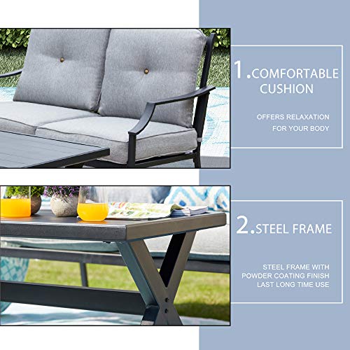 LOKATSE HOME 2 Pieces Outdoor Patio Conversation Furniture Metal Bench Sofa Set Loveseat with Cushion and Coffee Table, Grey