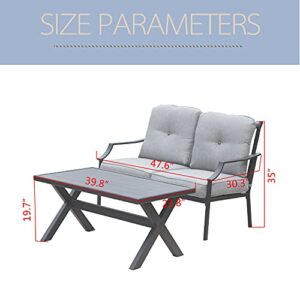 LOKATSE HOME 2 Pieces Outdoor Patio Conversation Furniture Metal Bench Sofa Set Loveseat with Cushion and Coffee Table, Grey