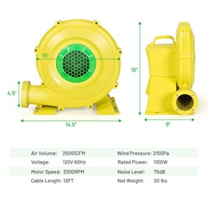 HONEY JOY Air Blower, 1100 Watts 1.5HP Bounce House Blower for Inflatables, Bouncy Castle and Jump Slides, 13FT Wire & Stakes, UL Certificate, Portable and Powerful Commercial Air Blower(1100w, 1.5HP)