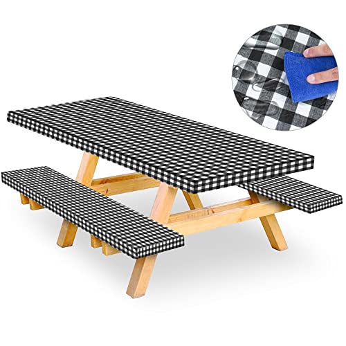 Raweao Picnic Table Cover with Bench Covers - 3 Piece Fitted Picnic Table Cover with Elastic Band and Flannel Backing, Picnic Table Cover for Outdoor, BBQ, Camping (30 X 72 Inch, Black)