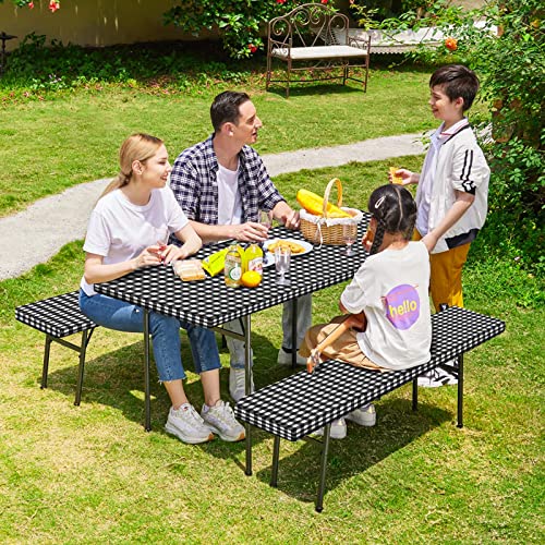 Raweao Picnic Table Cover with Bench Covers - 3 Piece Fitted Picnic Table Cover with Elastic Band and Flannel Backing, Picnic Table Cover for Outdoor, BBQ, Camping (30 X 72 Inch, Black)