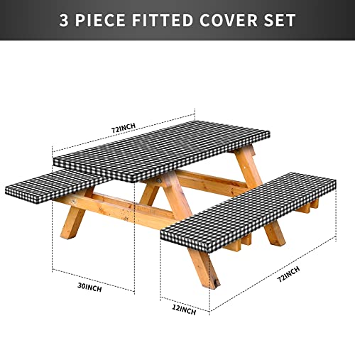 Raweao Picnic Table Cover with Bench Covers - 3 Piece Fitted Picnic Table Cover with Elastic Band and Flannel Backing, Picnic Table Cover for Outdoor, BBQ, Camping (30 X 72 Inch, Black)