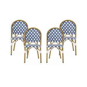 christopher knight home anastasia outdoor french bistro chair (set of 4), blue + white + bamboo print finish