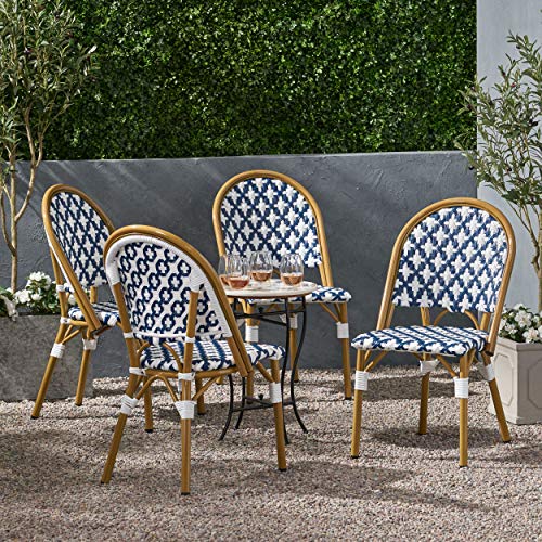 Christopher Knight Home Anastasia Outdoor French Bistro Chair (Set of 4), Blue + White + Bamboo Print Finish