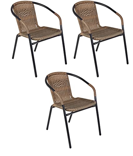 BTEXPERT Brown Indoor Outdoor 3-Set of Three Restaurant Rattan Stack Chairs, Set of 3