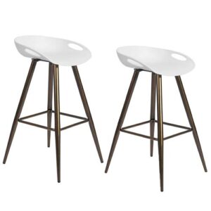 set of 2 bar stools, 32.3″ simple modern style high counter stool with low backrest & footrest & metal legs & pp seat, portable barstools for kitchen island patio balcony, white & bronze