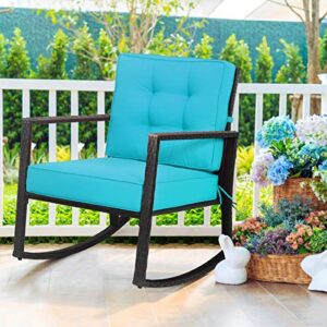 RELAX4LIFE Wicker Outdoor Rocking Chair - All Weather Rattan Rocker Patio Chair w/Steel Frame Removable Cushions & Armrest, Rocker Chair Outdoor Furniture for Backyard Porch Poolside (1, Turquoise)