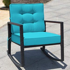 RELAX4LIFE Wicker Outdoor Rocking Chair - All Weather Rattan Rocker Patio Chair w/Steel Frame Removable Cushions & Armrest, Rocker Chair Outdoor Furniture for Backyard Porch Poolside (1, Turquoise)