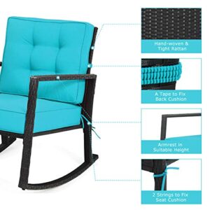 RELAX4LIFE Wicker Outdoor Rocking Chair - All Weather Rattan Rocker Patio Chair w/Steel Frame Removable Cushions & Armrest, Rocker Chair Outdoor Furniture for Backyard Porch Poolside (1, Turquoise)